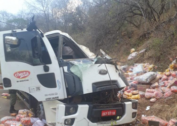 Caminhão carregado de alimentos tomba na PI-236 em Oeiras